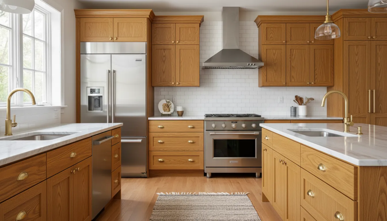 Kitchen with dated oak cabinets before painting
