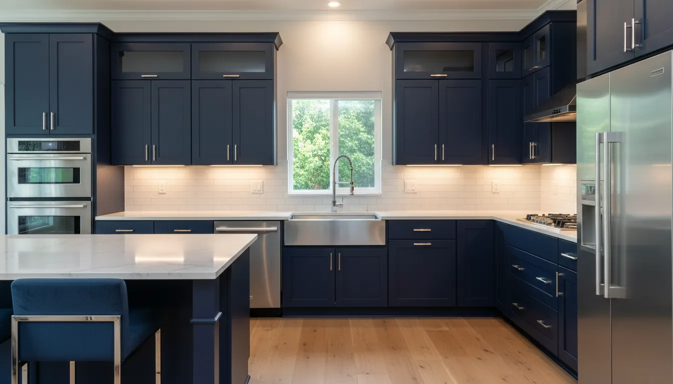 Kitchen with deep midnight navy painted cabinets