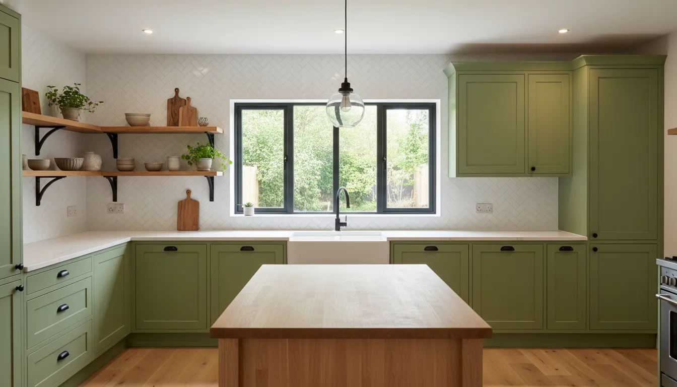 Kitchen with warm sage green painted cabinets and open shelving