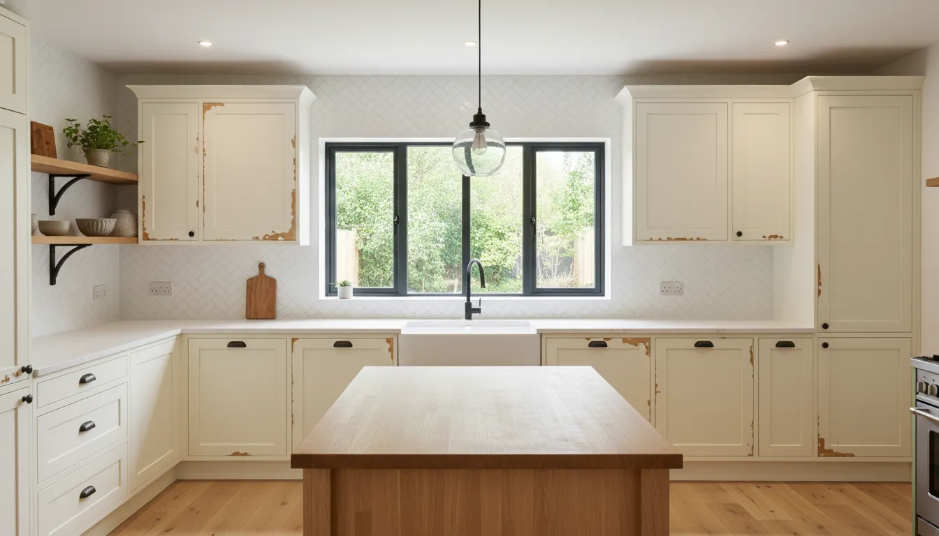 Kitchen with yellowed thermofoil cabinets before painting