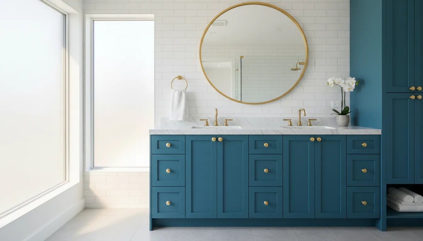 Bathroom with bold teal peacock blue painted vanity