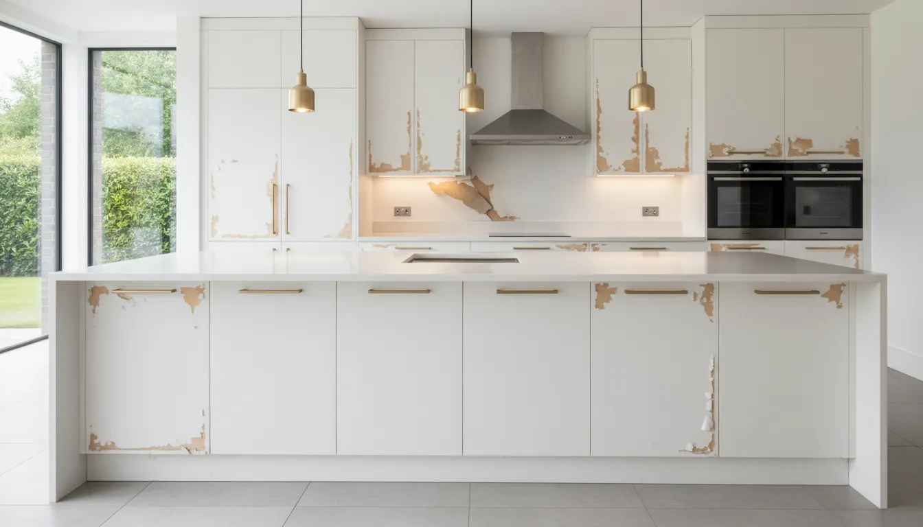 Kitchen with peeling thermofoil doors before refacing
