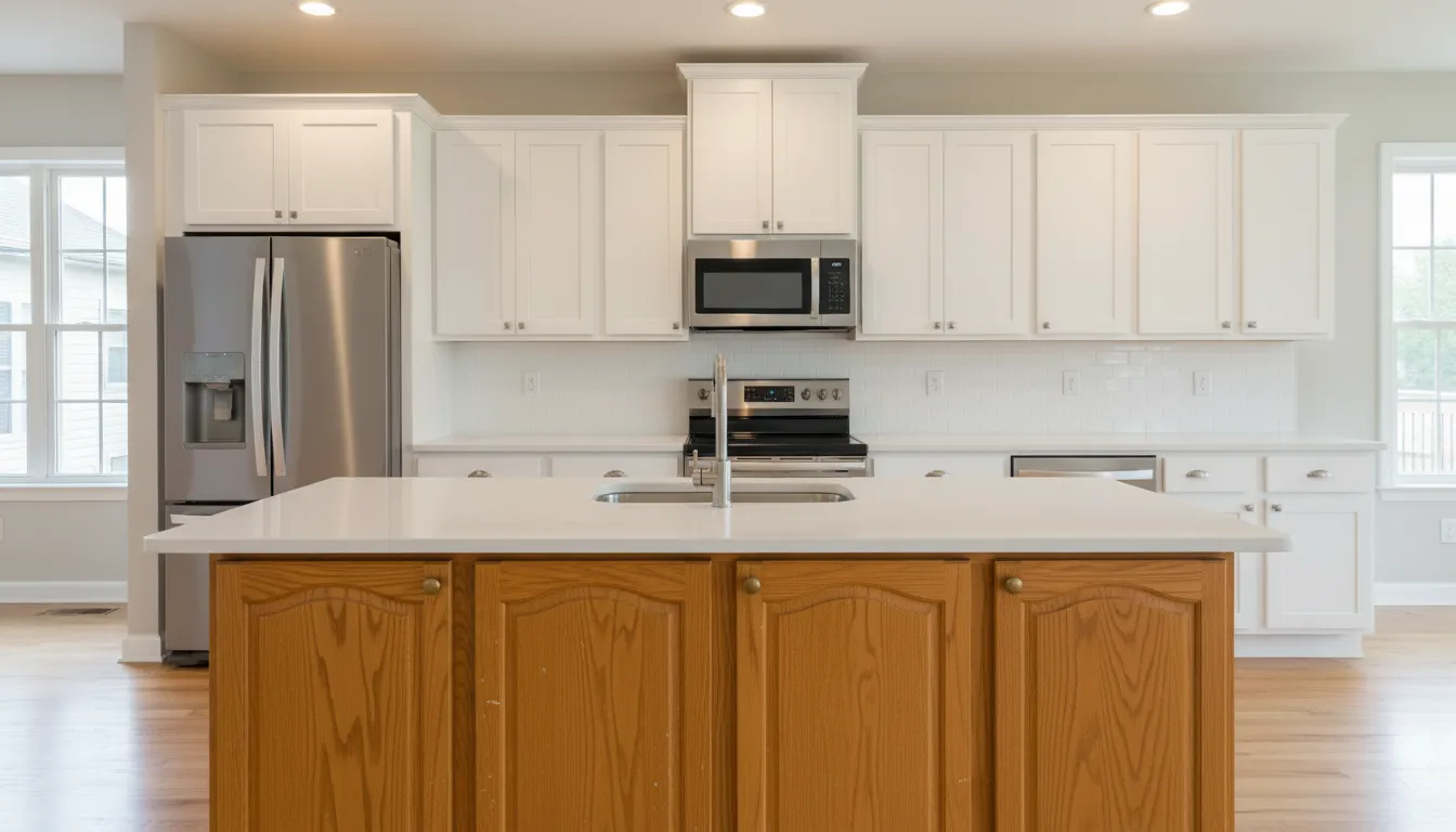 Kitchen with dated oak cathedral arch doors before refacing