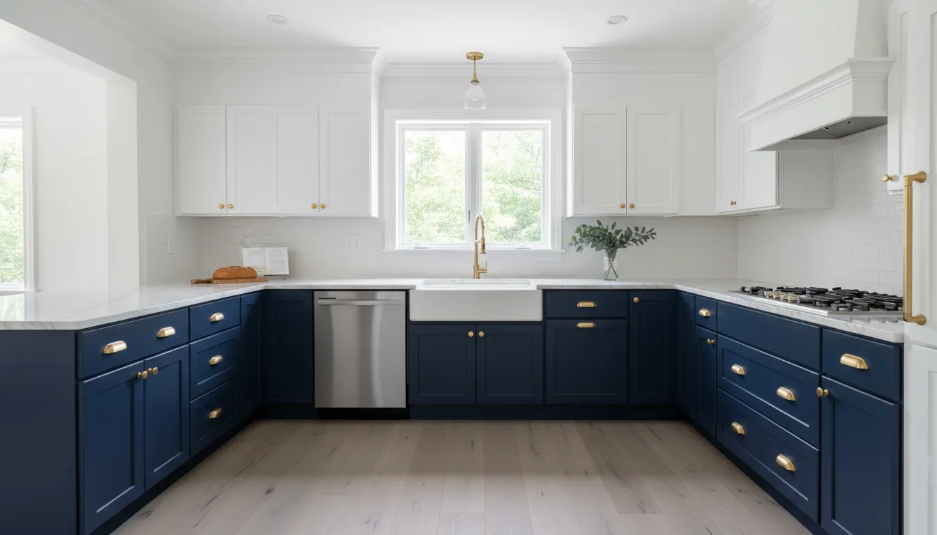Kitchen with two-tone navy and white shaker doors after refacing