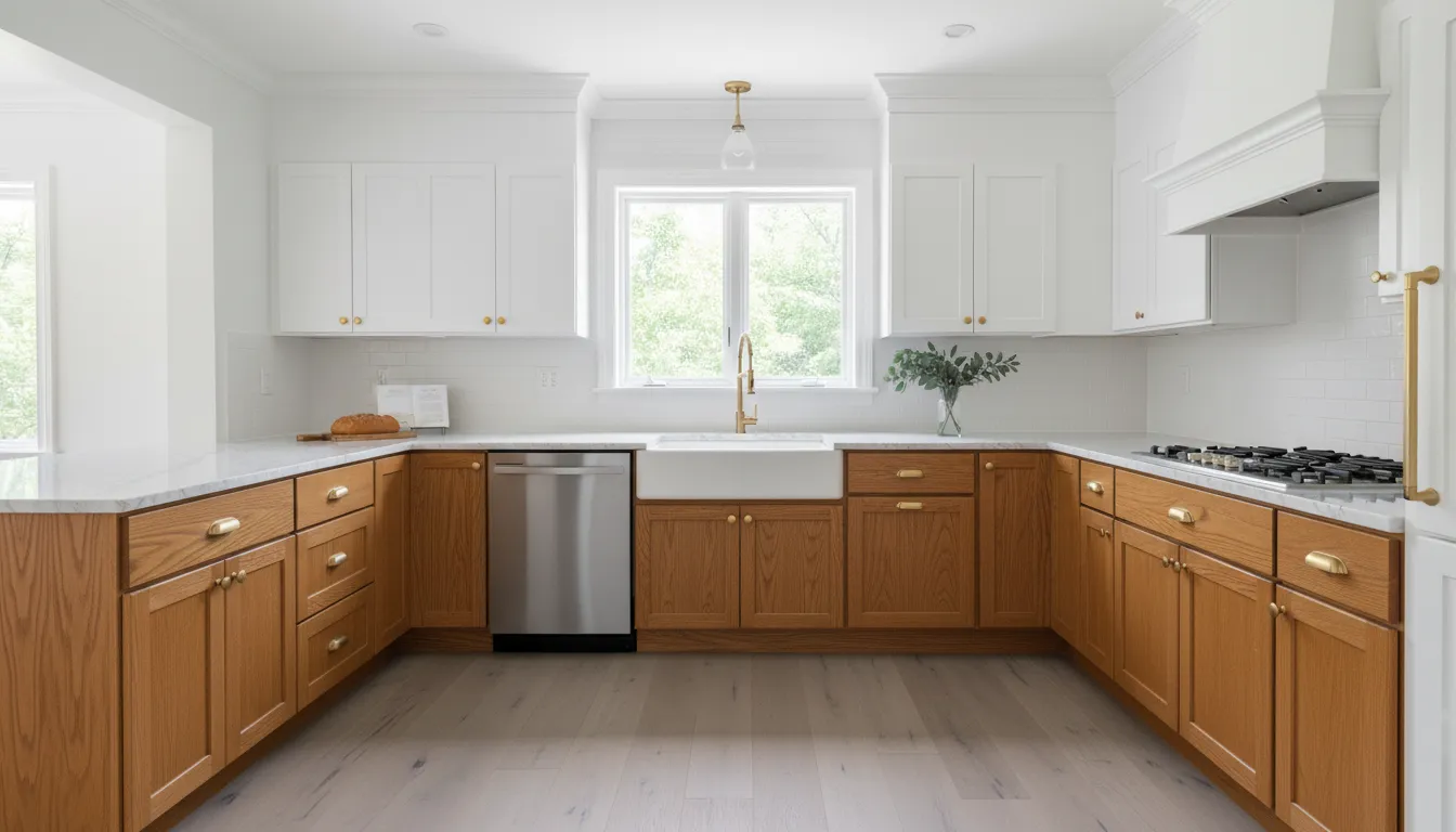 Kitchen with dated oak raised panel doors before refacing