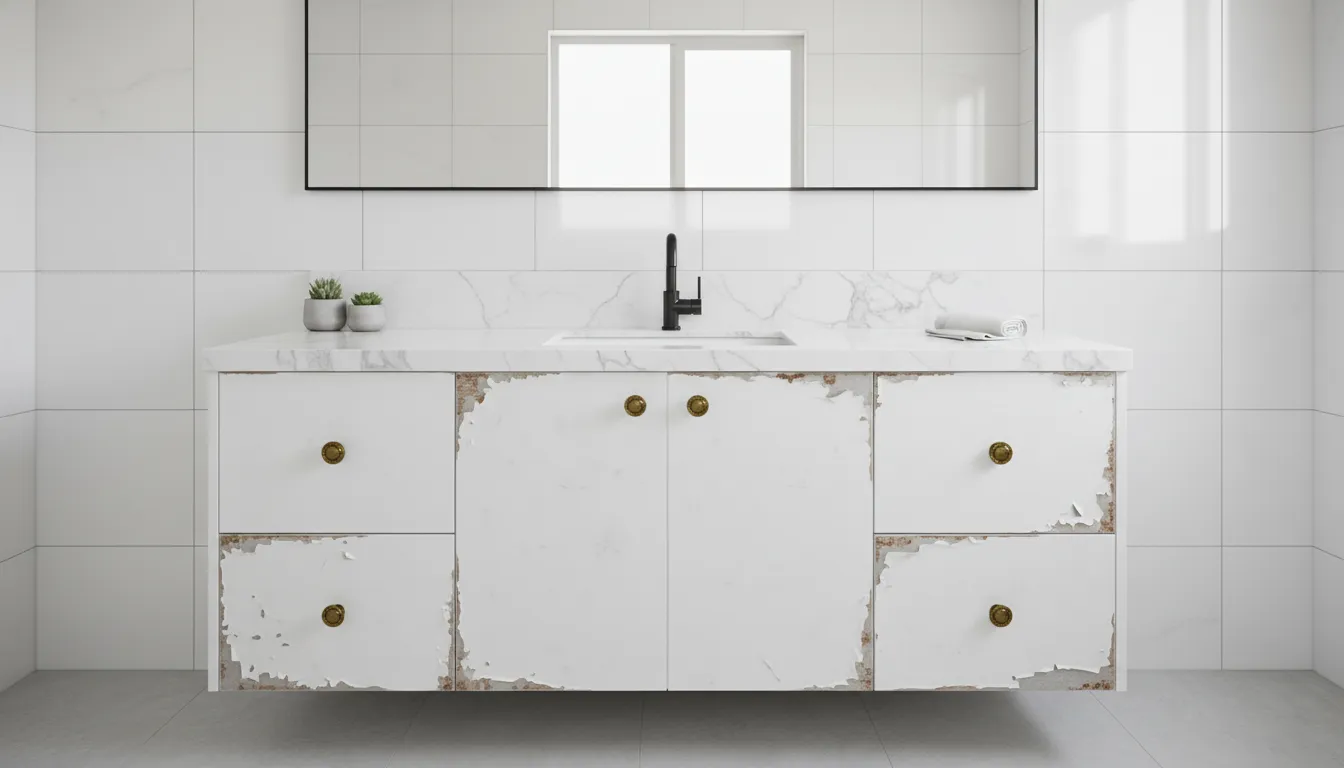 Bathroom with chipped melamine vanity doors before refacing