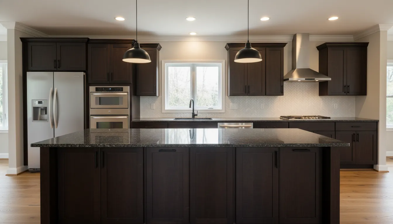 Kitchen with dark espresso cabinets before refinishing