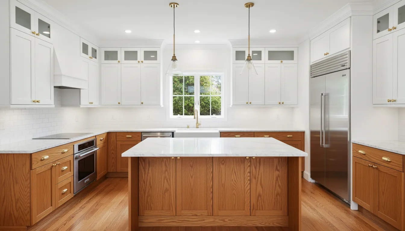 Kitchen with dated oak cabinets before two-tone refinish