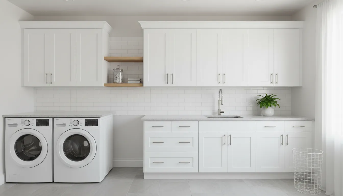 Laundry room with crisp white cabinets after refinishing