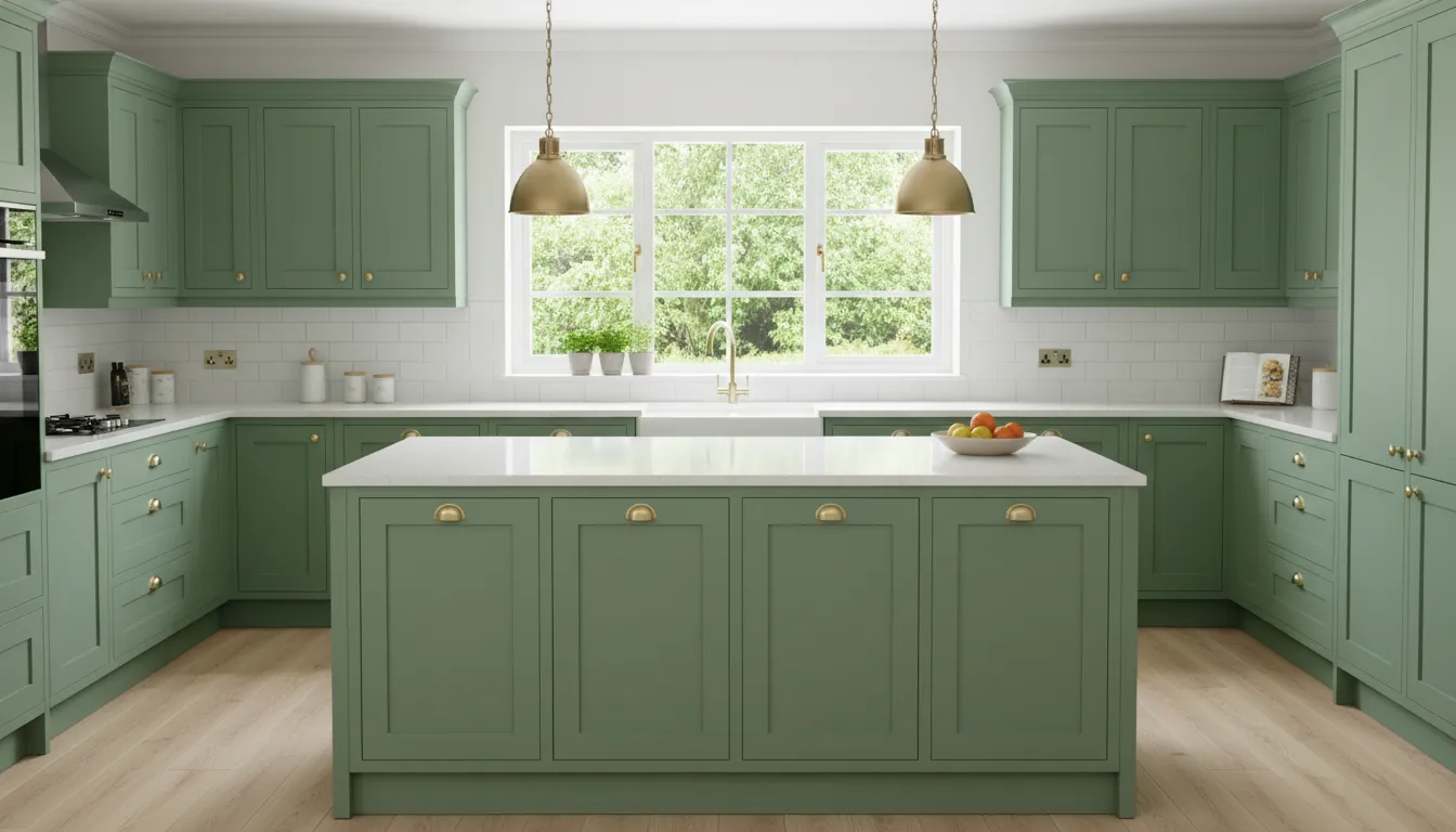 Kitchen with modern sage green cabinets after refinishing