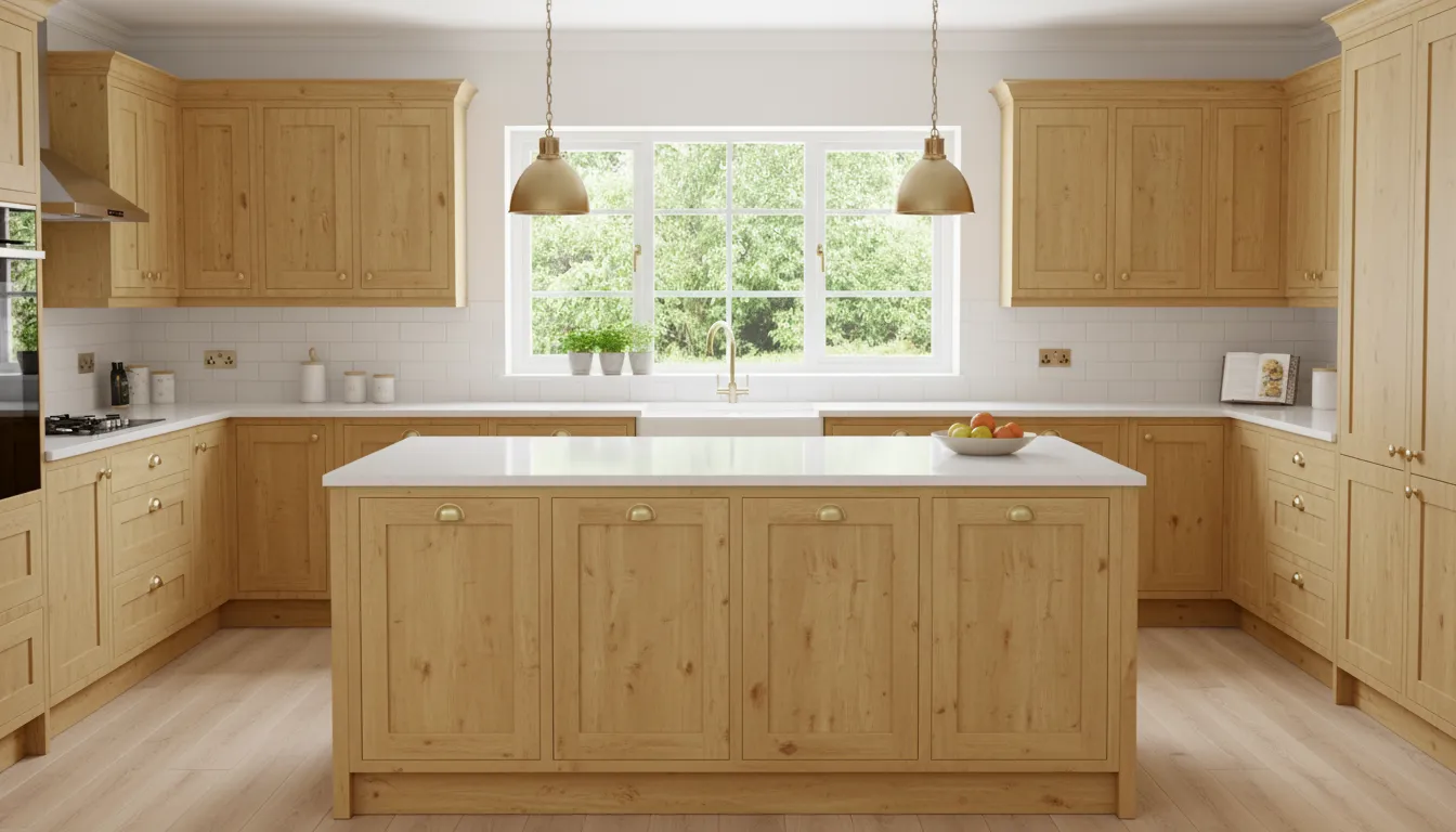 Kitchen with dated maple cabinets before refinishing