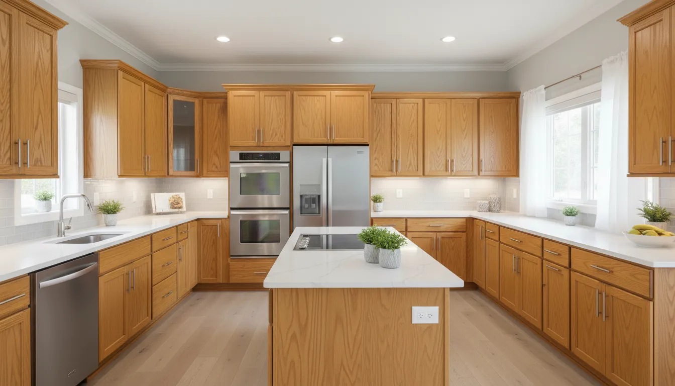 Kitchen with dated honey oak cabinets before refinishing