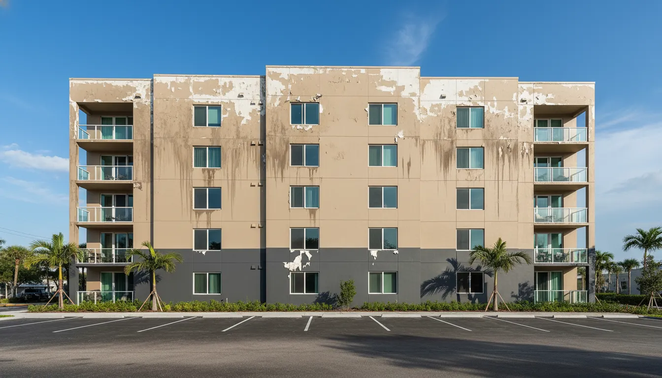 Condo building before painting — faded and peeling