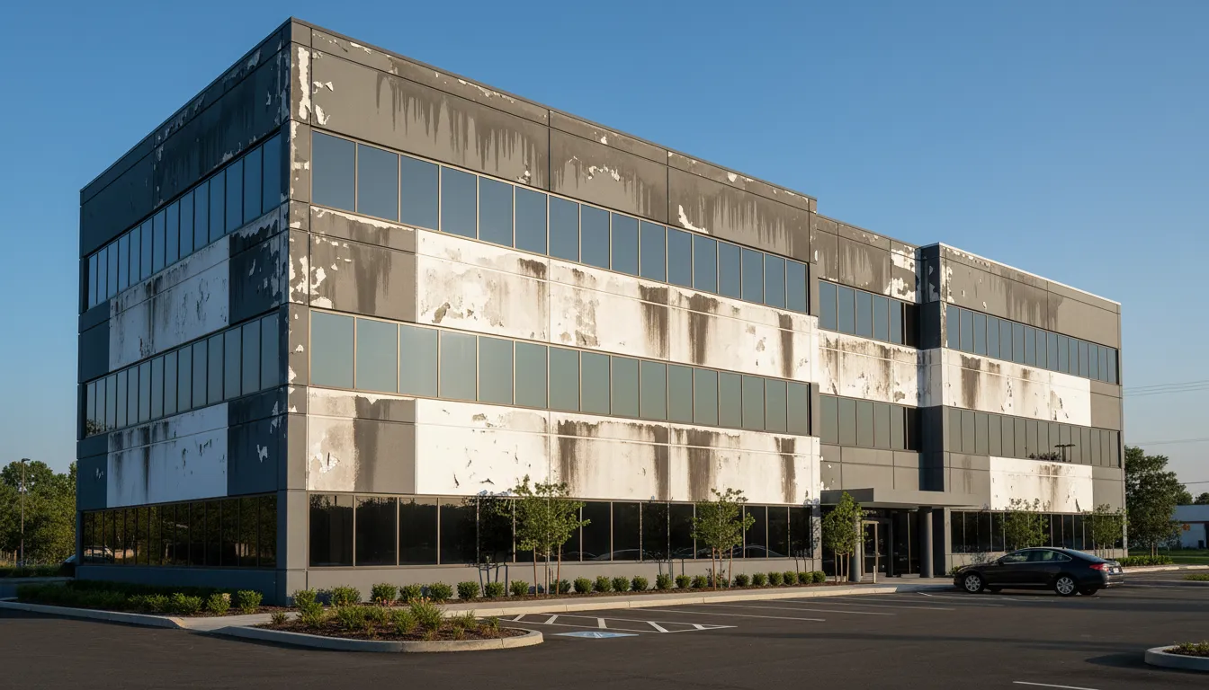 Office building before painting — faded and stained