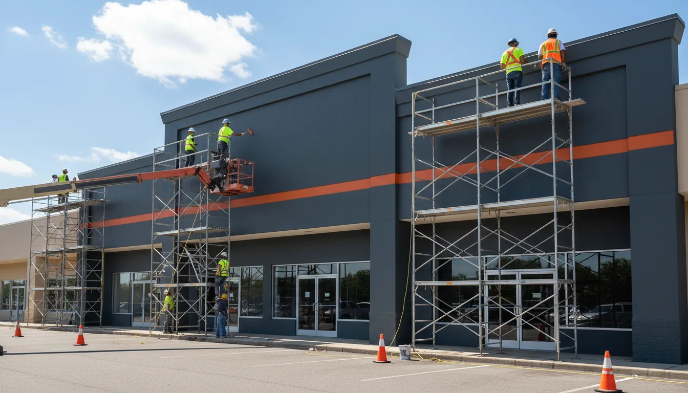 Retail strip mall after painting — bold modern colors with scaffolding