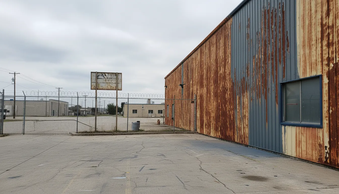 Warehouse before painting — rusty and corroded