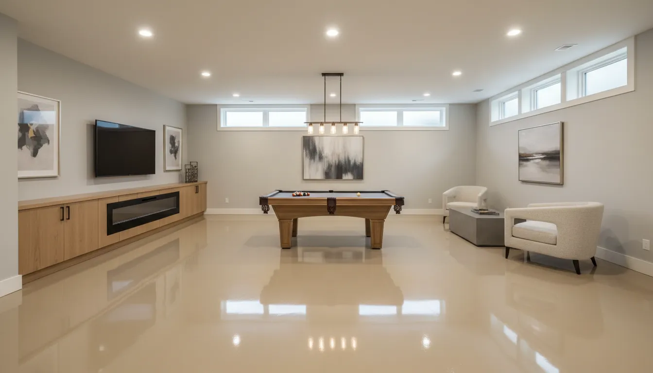 Basement with tan solid epoxy floor