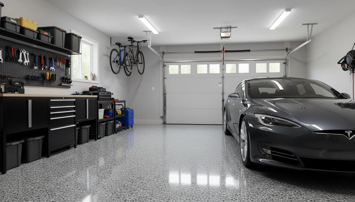 Garage with grey flake epoxy floor