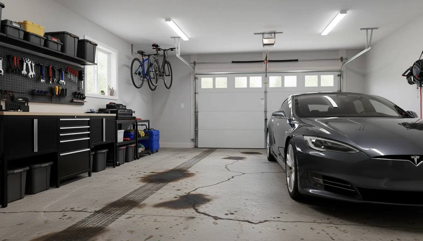 Garage with stained cracked concrete before epoxy