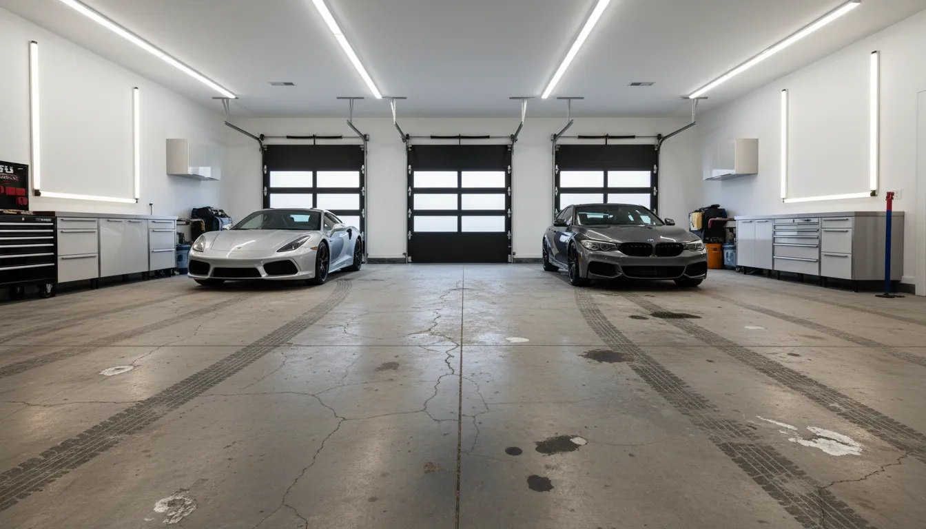 Three-car garage with cracked stained concrete