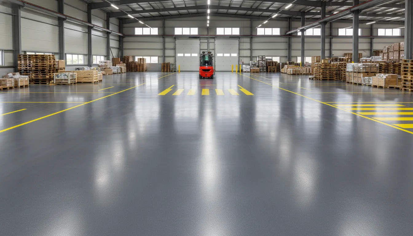 Warehouse with grey epoxy coating and yellow safety lines