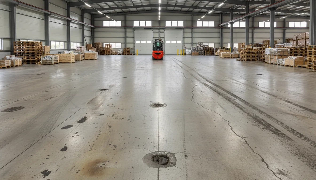 Warehouse with worn cracked concrete floor