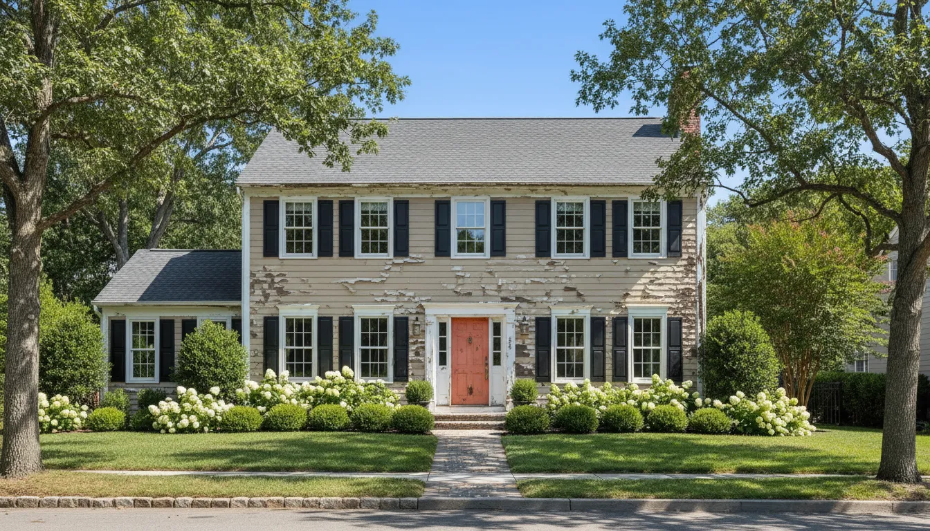 House exterior before painting — faded peeling paint