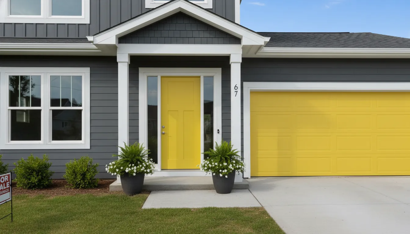 Garage and front door after painting — bold yellow doors