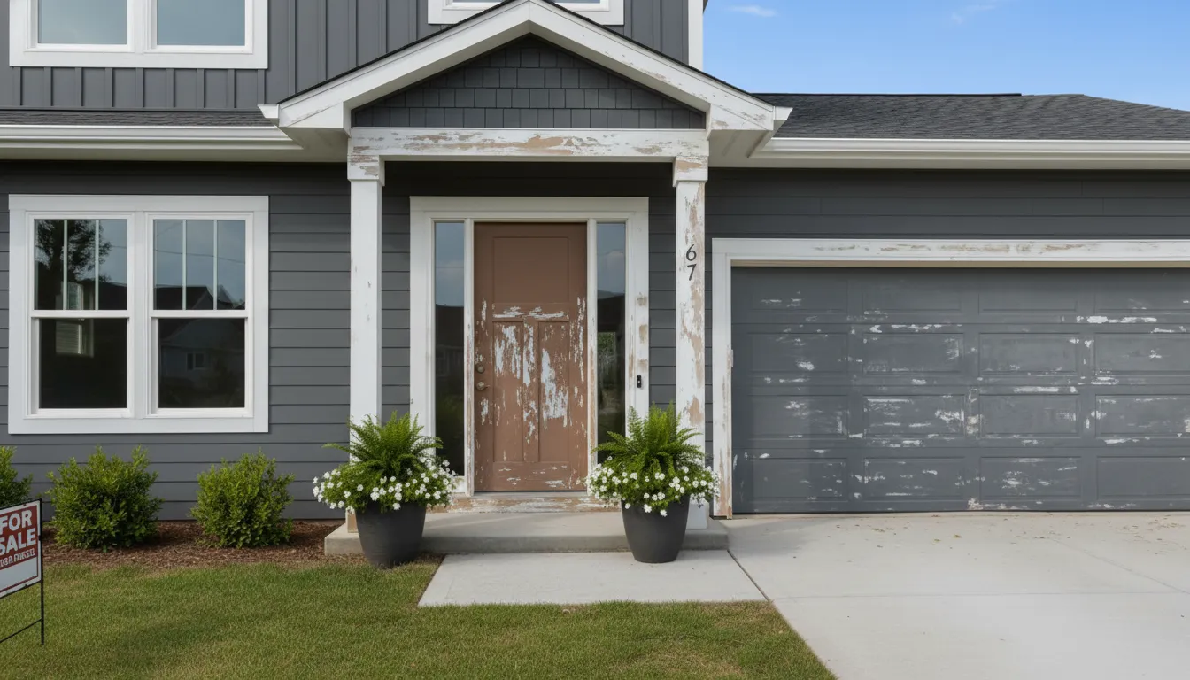 Garage and front door before painting — faded and weathered
