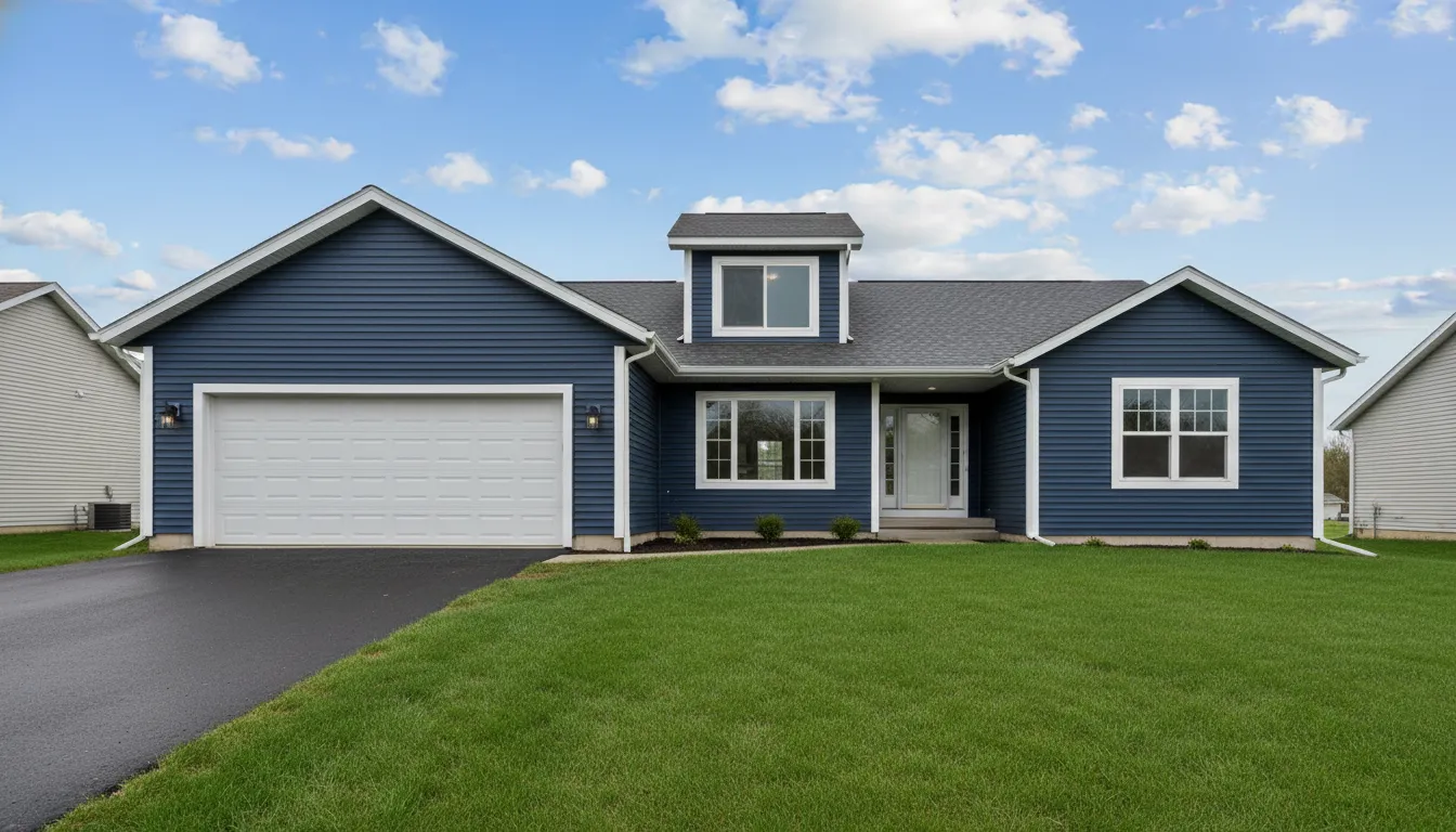 House siding after painting — bold navy blue with white trim