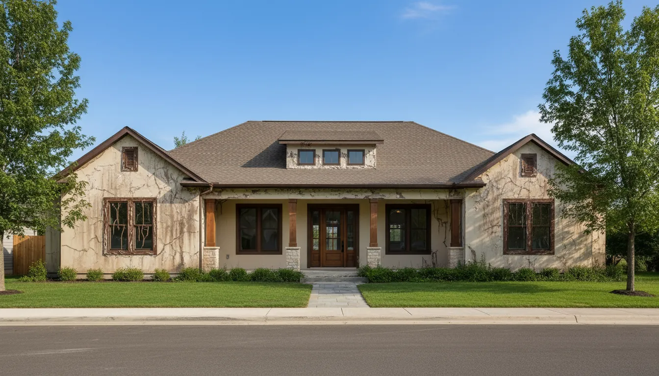 Stucco house before painting — cracked and weathered