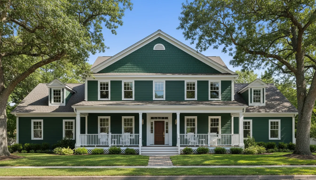 Two-storey house after painting — dark forest green with white trim