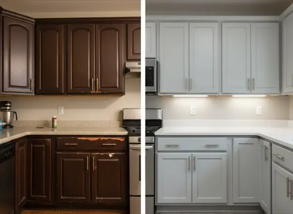 Before and after kitchen cabinet refacing by iPaint Painting in The Hamptons, Edmonton