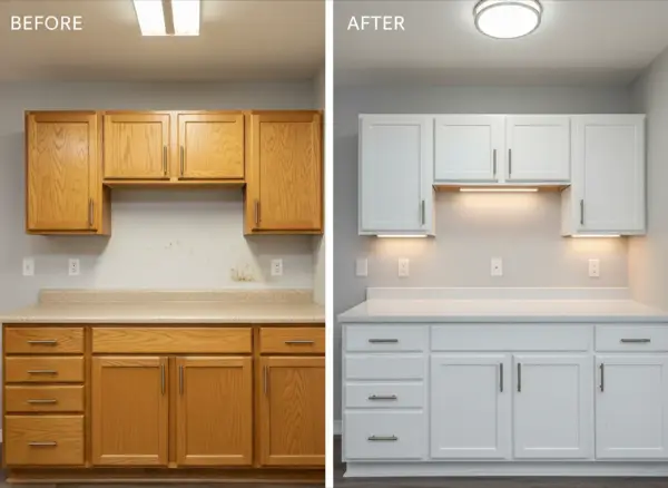 Before and after kitchen cabinet refinishing by iPaint Painting in Windermere, Edmonton