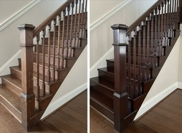 Before and after stain and lacquer restoration by iPaint Painting in Terwillegar, Edmonton