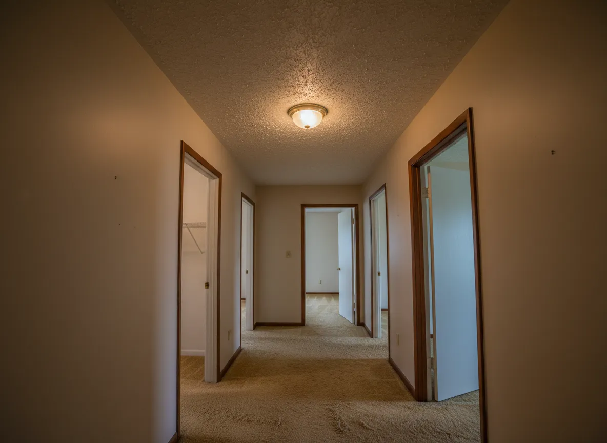 Hallway and bedrooms with popcorn ceiling before removal