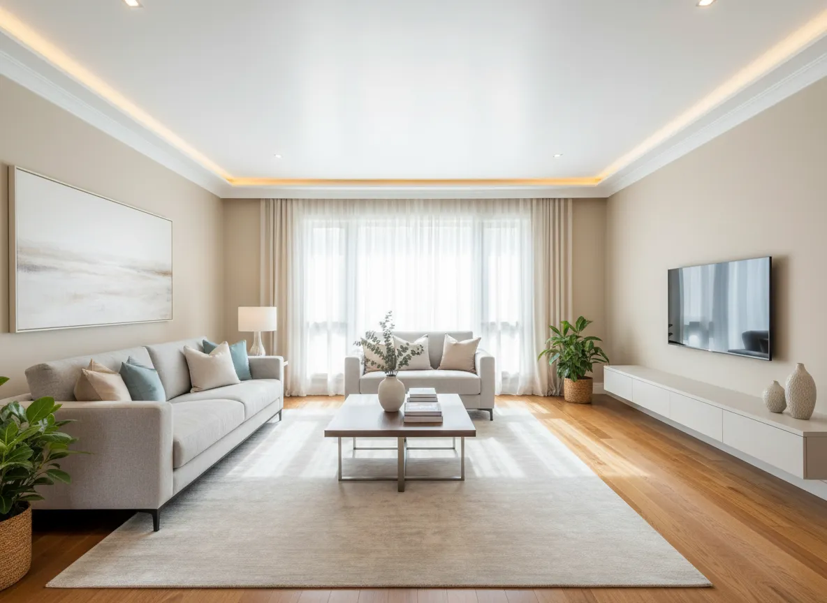 Living room with smooth ceiling after popcorn removal